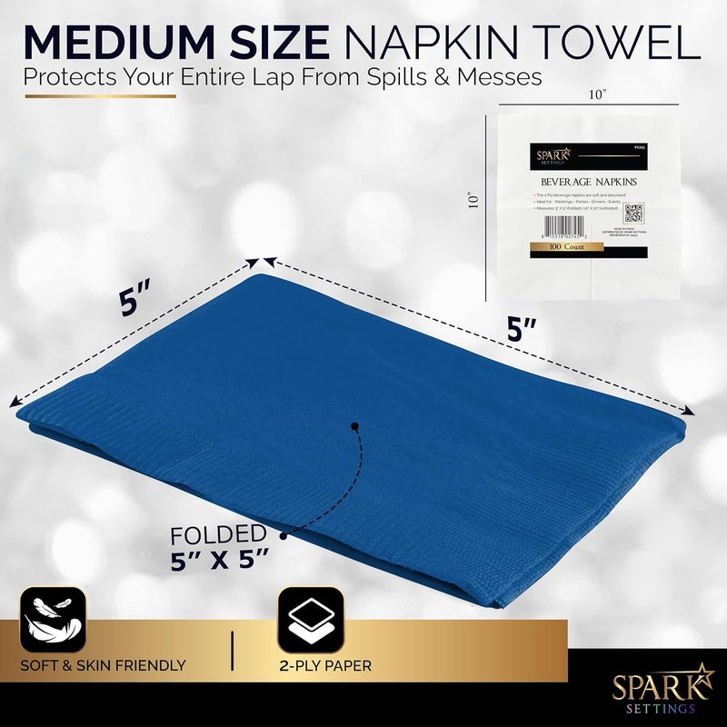 Amcrate 100 Pack Royal Blue Beverage Napkins, Big Party Pack, 2 Ply, Ideal for Wedding, Party, Birthday, Dinner, Lunch, Cocktails. (5” x 5”) by - Image 2